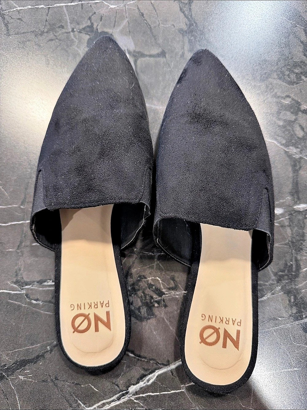 NO PARKING Pointed-Toe Black Mules Like New